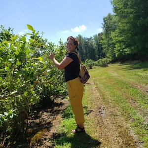 May include: A woman wearing a black shirt and yellow pants stands in a field of blueberry bushes. She is smiling and looking at the camera. She is holding a branch of blueberry bushes in her hand.