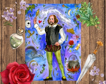 May include: A watercolor illustration of William Shakespeare with a quote from As You Like It: "All the world's a stage, and all the men and women merely players." The illustration is set against a blue background with various whimsical details, including hearts, stars, and a cauldron.