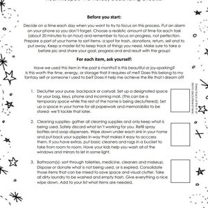 May include: A printable checklist for decluttering your home before the holidays. The checklist includes tips for decluttering your purse, cleaning supplies, and bathroom. The checklist is decorated with stars.