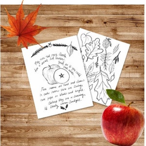 May include: A printable coloring page featuring a black and white illustration of an apple with a poem about its hidden rooms. The poem reads: "My nice red rosy Apple has a secret hid unseen. You'd see if you could look inside... Five rooms so neat and clean. In each room there are livings, two pips so black and bright. Asleep they are a dreaming of lovely warm sunlight."
