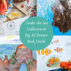 Könnte beinhalten: Eine Sammlung von Artikeln zum Thema Meer, darunter ein orangefarbener Plüschfisch, Zeichnungen von Meeresbewohnern und ein Buch mit dem Titel "Under the Sea Collection & Big Al Picture Book Guide". Die Illustrationen zeigen verschiedene Meereslebewesen.