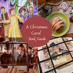 May include: A Christmas Carol book guide with illustrations of characters from the story. The guide includes a scene from the movie adaptation with Scrooge and other characters looking out a window. The guide also includes a scene of Scrooge writing in a book.