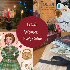 Könnte beinhalten: Eine Collage von Bildern, die sich auf das Buch "Little Women" von Louisa May Alcott beziehen. Die Collage enthält einen Buchumschlag, eine Zeichnung einer Frau in einem karierten Kleid, Kerzen und ein Buch mit Blumenmuster.