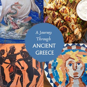 Puede incluir: Un collage de imágenes que representan la cultura griega antigua. La imagen superior izquierda muestra un monstruo marino atacando un barco. La imagen superior derecha muestra brochetas de pollo a la parrilla. La imagen inferior izquierda muestra una vasija negra y naranja con una escena de tres figuras. La imagen inferior derecha muestra un retrato en mosaico de una persona con cabello rubio. El centro del collage presenta un círculo azul con el texto "A Journey Through ANCIENT GREECE".