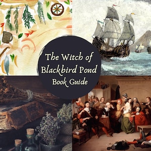 May include: A composite image with illustrations and paintings related to "The Witch of Blackbird Pond." It includes a watercolour of herbs and a pipe, a ship at sea, and a historical scene. Text reads "The Witch of Blackbird Pond Book Guide."