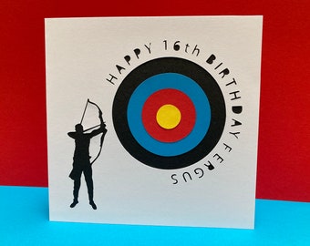 Bogenschießen Geburtstagskarte - personalisiert - Bogenschütze - Pfeil und Bogen - Scherenschnitt - Sport - für einen Jungen - Mann - Kind - Sohn - Ehemann, Freund
