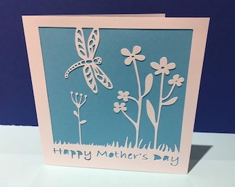 Mother's Day Card - Birthday Card - Thank you - Paper Cut Flowers & Dragonfly - Handmade Greeting - Girlfriend, Wife, Mum, Mom, Personalised