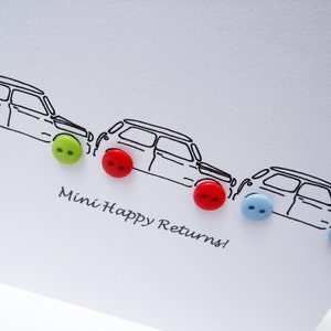 Minis Birthday Card Car Birthday Card 3 Little Minis with Button Wheels Handmade Greeting Card Husband Boyfriend Son Boy image 3