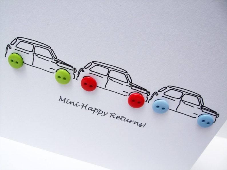 Minis Birthday Card Car Birthday Card 3 Little Minis with Button Wheels Handmade Greeting Card Husband Boyfriend Son Boy image 3