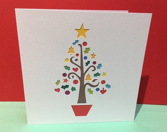 Christmas Card - Christmas Tree - Paper Cut - Holiday Card - Simple pretty design - Xmas Card - Xmas Tree - Baubles - Papercut