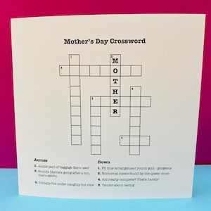 Mother's Day Card Crossword - Cryptic Crossword - Crossword Puzzle - Paper Handmade Greeting Card - Card for Mum, Mom, Mothering Sunday