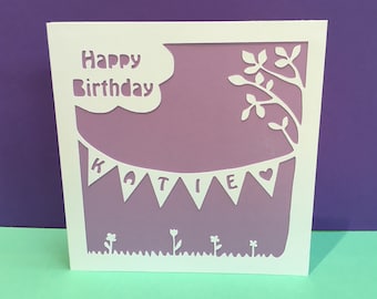 Personalised Birthday Card - Bunting - Paper cut - For her, for him, sister, brother, Mum, Dad, Daughter, Son, Nephew, Niece, Friend