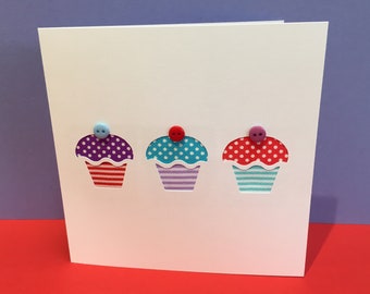Birthday Card - Cupcakes Birthday Card made with Ribbon and Buttons - Paper Cut Handmade Greeting Card - Etsy UK