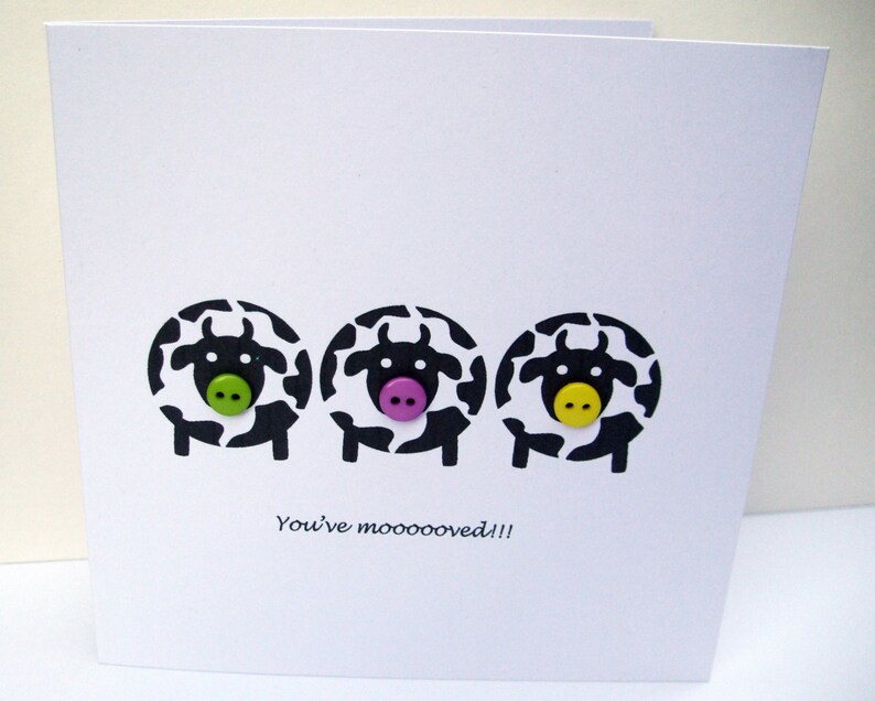 Etsy UK House Warming New Home Card Moving House Card Cow Card with Buttons Funny Card You/'ve mooooved!