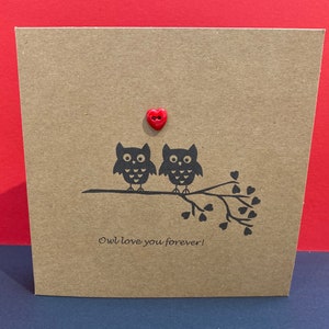 Owl Valentine Card- Valentine's Day Card - Cute owls- For her - For him- Anniversary - Button, Girlfriend, Wedding Anniversary - Kraft Card