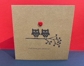 Owl Valentine Card- Valentine's Day Card - Cute owls- For her - For him- Anniversary - Button, Girlfriend, Wedding Anniversary - Kraft Card