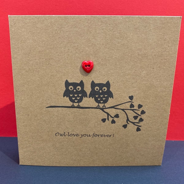 Owl Valentine Card- Carte Saint-Valentin - Hiboux mignons- Pour elle - Pour lui- Anniversaire - Bouton, Petite amie, Anniversaire de mariage - Carte Kraft