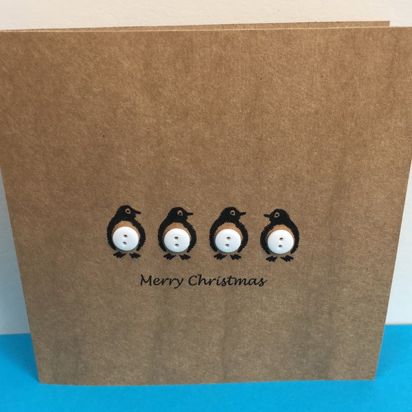 Penguin Christmas Card - Penguin Card - Buttons - Cute penguins - Penguin Card - Handmade - Pack of Christmas Cards - Christmas Card Set