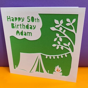 Camping Birthday Card - Personalised -  paper cut - Tent, Camper, Holiday, for him, for her, husband, wife, son, daughter, Dad, Mum