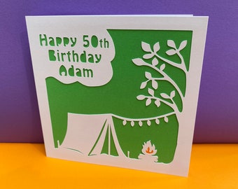 Camping Birthday Card - Personalised -  paper cut - Tent, Camper, Holiday, for him, for her, husband, wife, son, daughter, Dad, Mum