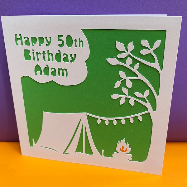 Camping Birthday Card - Personalised -  paper cut - Tent, Camper, Holiday, for him, for her, husband, wife, son, daughter, Dad, Mum