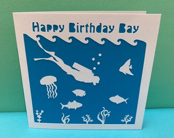 Personalised Scuba Diving Birthday Card -  paper cut, Scuba Diving, Swimming, Sea themed, under the sea, Beach, Snorkelling, fish, boy, Son