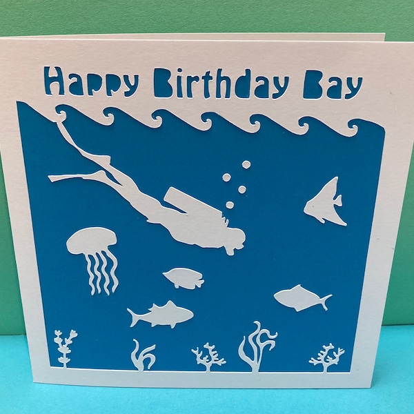 Personalised Scuba Diving Birthday Card -  paper cut, Scuba Diving, Swimming, Sea themed, under the sea, Beach, Snorkelling, fish, boy, Son