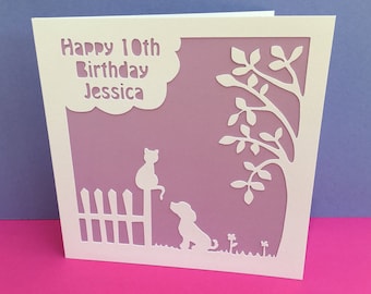 Personalised Birthday Card - Cute paper cut cat and dog - For a child, girl, boy, niece, nephew, daughter, Sister, Wife, Mum, Friend