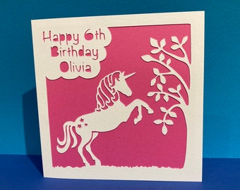 Unicorn Birthday Card - Personalised Card - Paper Cut - Papercut - Handmade Card - for a girl, boy, niece, nephew, daughter, Granddaughter
