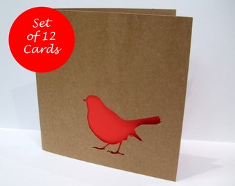 Set of 12 Christmas Cards - Paper Cut Robin - Paper Handmade Greeting Card - Holiday Card - Kraft Card -Recycled Card - Robin Christmas Card