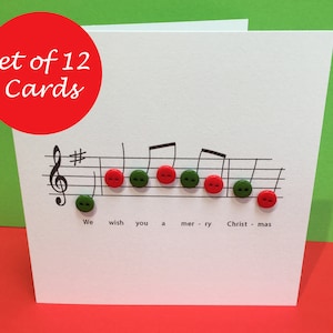 Christmas Card Set - Pack of 12 Christmas Cards - Christmas Music with Button Notes - Religious Card - Handmade Greeting Card - Holiday Card