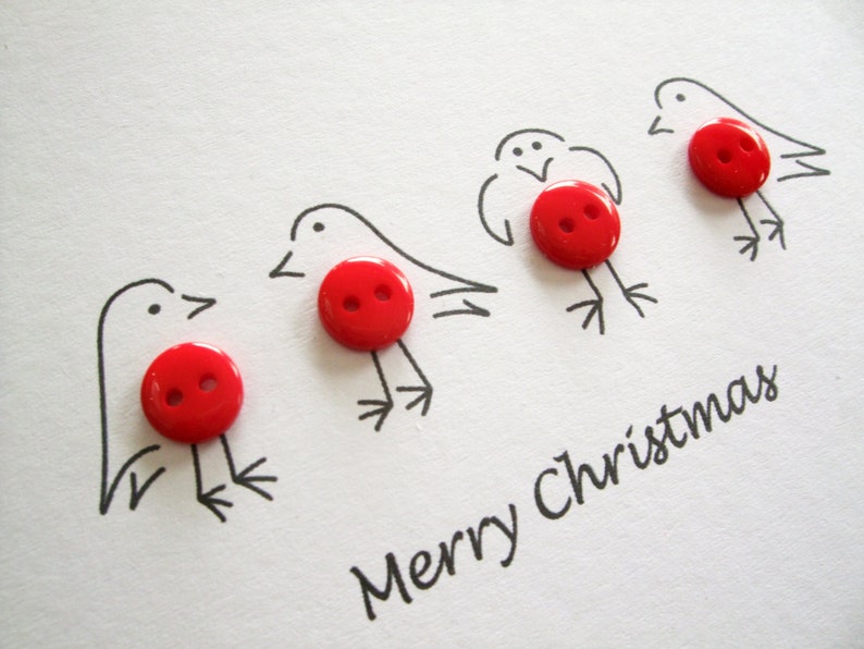 Christmas Card Set - Pack of 4 Cute Robin Cards With Buttons - Handmade ...