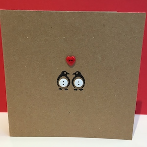 Penguin Valentine's Day Card - Valentines Card - Cute Valentine with buttons - For her - For Him - Wedding Anniversary - Husband -Wife