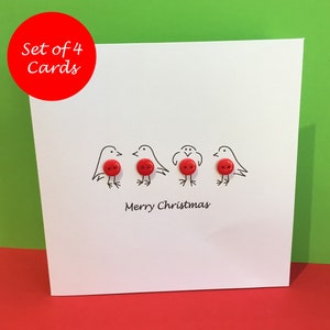 Christmas Card Set - Pack of 4 Cute Robin Cards with Buttons - Handmade Greeting - Holiday Cards - Christmas Card Pack