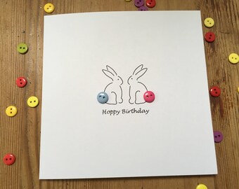Hoppy Birthday - Carte de lapin d'anniversaire avec queues de bouton - Carte de lapin - Carte de voeux faite à la main