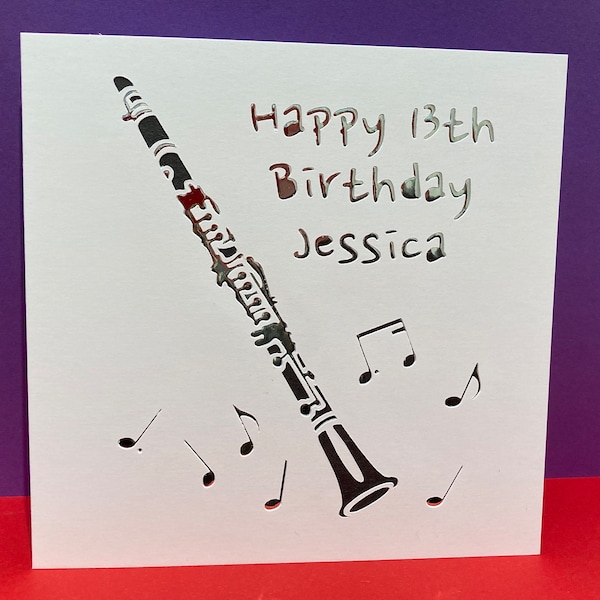 Personalised Clarinet Birthday Card -  Clarinetist - Wind Band, Concert Band, Orchestra - Music, Paper cut, Musician, Thank you, Teacher