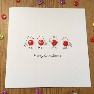 Christmas Card - Cute Robins with Buttons - Paper Handmade Greeting Card - Holiday Card - Christmas Card Set - Christmas Card Pack