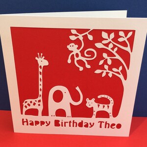 Personalisierte Geburtstagskarte für ein Kind - Papierschnitt Dschungeltiere, Tiger, Affe, Elefant, Giraffe, Junge, Mädchen, Sohn, Enkel, Neffe