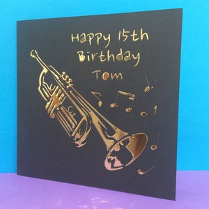 Personalisierte Trompete Geburtstagskarte - Jazz Band, Trompeter, Orchester, Blasorchester, Kornett, Musik, Papierschnitt, Musiker, Dankeskarte