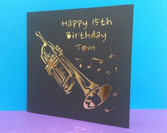 Personalised Trumpet Birthday Card -  Jazz Band, Trumpeter, Orchestra, Concert Band, Cornet, Music, Paper cut, Musician, Thank you Card