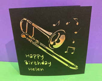 Personalised Trombone Birthday Card -  Jazz Band, Trombonist, Concert Band, Music, Paper cut, Musician, Thank you Music Teacher Fathers Day