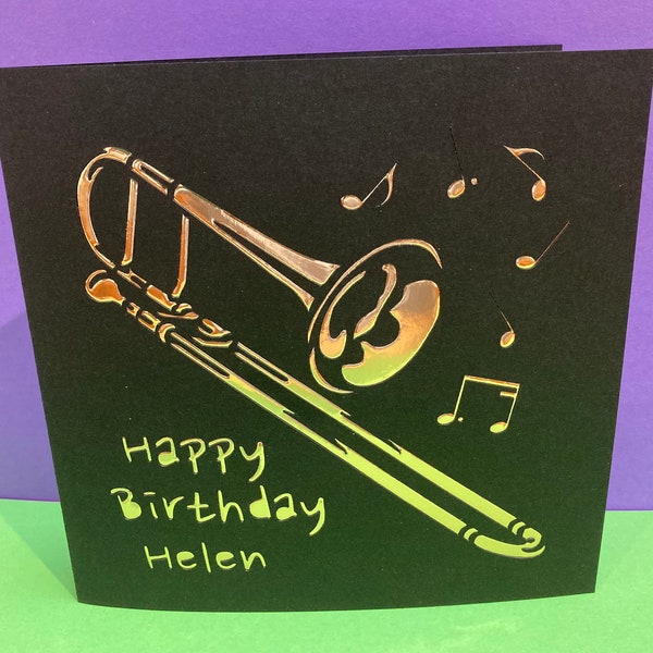 Carte d'anniversaire personnalisée pour trombone - Groupe de jazz, tromboniste, harmonie, musique, papier découpé, musicien, merci professeur de musique fête des pères