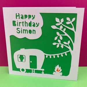 Carte d'anniversaire caravane - personnalisée - papier découpé - camping-car, camping, vacances, pour lui, pour elle, mari, femme, fils, fille, papa, maman