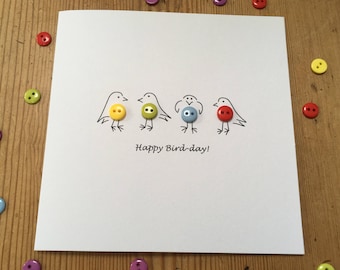 Happy Bird-day  Birthday Card - Cute Birds with Buttons - Handmade Greeting Card - Funny Birthday Card - Personalised - Etsy UK