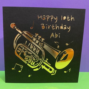Carte d'anniversaire personnalisée Cornet - Groupe de jazz, orchestre, harmonie, musique, papier découpé, musicien, carte de remerciement, professeur, examen de musique