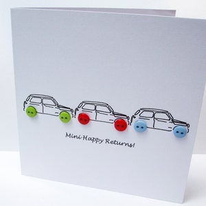 Minis Birthday Card Car Birthday Card 3 Little Minis with Button Wheels Handmade Greeting Card Husband Boyfriend Son Boy image 2