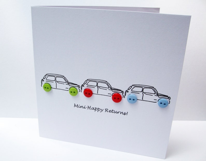 Minis Birthday Card Car Birthday Card 3 Little Minis with Button Wheels Handmade Greeting Card Husband Boyfriend Son Boy image 2