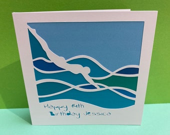 Swimming Card - Birthday Card - Paper Cut Card - Personalised - Handmade Greeting Card for a Swimmer - Water Sports - Wild Swimming - Diving