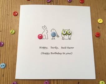 Hoppy, Birdy, Twit-twoo Birthday Card, Bunny, Bird and Owl Card with buttons - Funny Birthday Card - Paper Handmade Greeting Card - Etsy UK