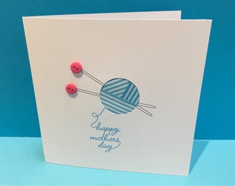 Mother's Day Card  - Knitting - Mothers Day Card for a Knitter - Handmade Greeting Card - Knitting Needles - Buttons - Mum - Mom - Crafty